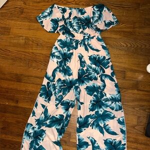 Bright blue & pink flower jumpsuit